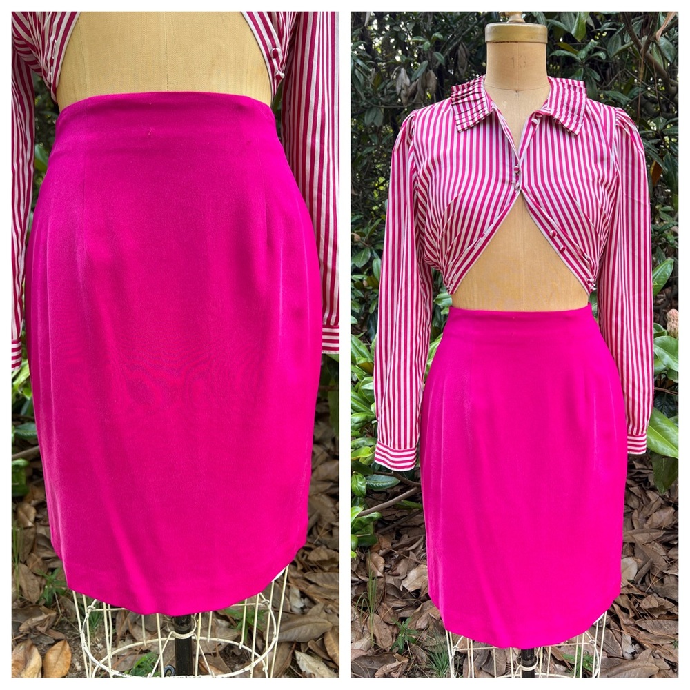 Vtg Hot Pink Silk Pencil Skirt